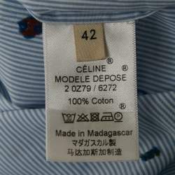Pre Owned Celine Blue Striped Cotton Embroidered Asymmetric Hem Shirt L