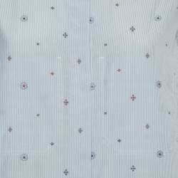 Pre Owned Celine Blue Striped Cotton Embroidered Asymmetric Hem Shirt L