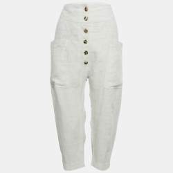 Pre Owned Celine White Patterned Linen Trousers S