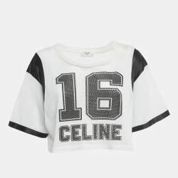 Pre Owned Celine White Printed Mesh Jersey Crop Top S