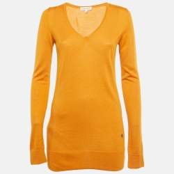 Pre Owned Celine Orange Cashmere Knit V-Neck Sweater M