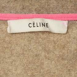 Pre Owned Celine Tan Brown Logo Embroidered Cashmere Cardigan S