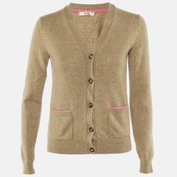 Pre Owned Celine Tan Brown Logo Embroidered Cashmere Cardigan S