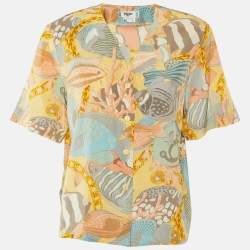 مملوكة مسبقًا Celine Multicolor Fish Print Silk Button Front Blouse L