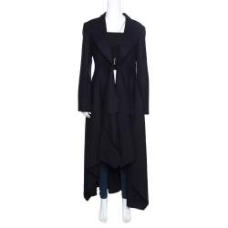 Celine Navy Blue Wool Buckle Detail Draped Long Coat L