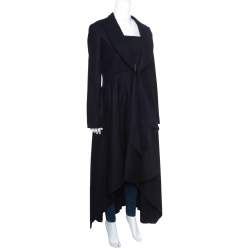 Celine Navy Blue Wool Buckle Detail Draped Long Coat L