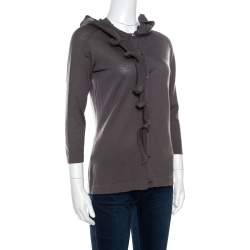 Celine Grey Wool Ruffled Asymmetric Neckline Detail Button Front Cardigan M