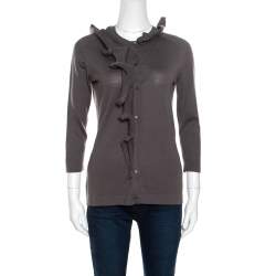 Celine Grey Wool Ruffled Asymmetric Neckline Detail Button Front Cardigan M
