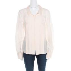 Celine Peach Cotton and Silk Pleat Detail Long Sleeve Shirt L