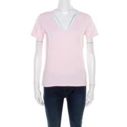 Celine Pink Jersey Blazon Chaine Logo Embroidered Contrast Trim T-Shirt L