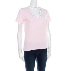 Celine Pink Jersey Blazon Chaine Logo Embroidered Contrast Trim T-Shirt L