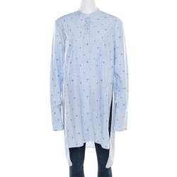 Pre Owned Celine Blue and White Striped Embroidered Cotton High Low Tunic M