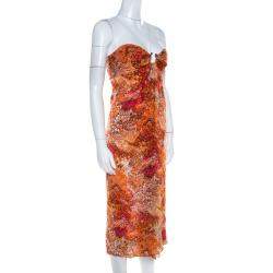 Celine Orange Abstract Print Sheer Silk Pleated Strapless Bodice Maxi Dress S
