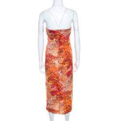 Celine Orange Abstract Print Sheer Silk Pleated Strapless Bodice Maxi Dress S