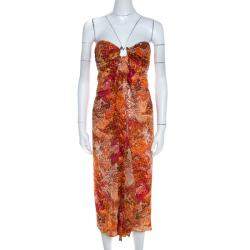 Celine Orange Abstract Print Sheer Silk Pleated Strapless Bodice Maxi Dress S