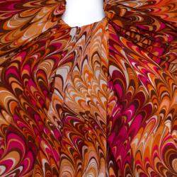 Celine Orange Abstract Print Sheer Silk Pleated Strapless Bodice Maxi Dress S