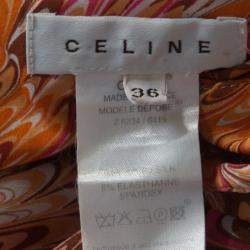 Celine Orange Abstract Print Sheer Silk Pleated Strapless Bodice Maxi Dress S