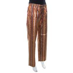 Pre Owned Celine Brown Metallic Striped Silk Straight Fit Trousers L