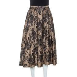Pre Owned Celine Black And Beige Floral Silk Jacquard Flared Skirt S