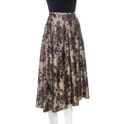 Pre Owned Celine Black And Beige Floral Silk Jacquard Flared Skirt S