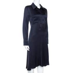مملوكة مسبقًا Celine Navy Blue Silk Satin Flared Shirt Dress S