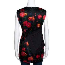 Pre Owned Celine Black Floral Printed Mulberry Silk Draped Detail Sleeveless Top M 