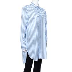 Pre Owned Celine Blue & White Striped Cotton Button Front Tunic S