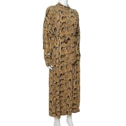 Pre Owned Celine Mustard Snake Print Jersey Belted Maxi Dress S