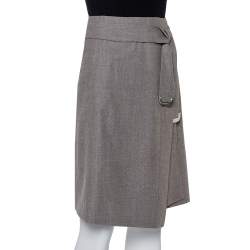 Celine Grey Wool Waist Tie Detail Faux Wrap Asymmetric Hem Skirt M
