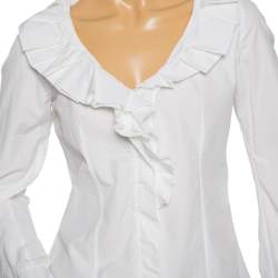 Pre Owned Celine White Cotton Ruffled Neck Detail Shirt M