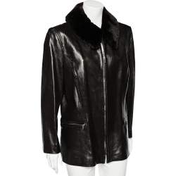 Celine Vintage Brown Leather Shearling Collar Zip Front Jacket L