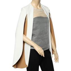 Pre Owned Celine Cream & Brown Crepe And Silk Cape Sleeve Sheer Detail Top M