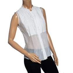 Celine White Cotton & Silk Pintuck Detail Sleeveless Top M