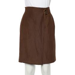 Celine Vintage Brown Linen & Silk Faux Wrap Skirt L