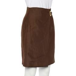 Celine Vintage Brown Linen & Silk Faux Wrap Skirt L