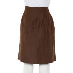 Celine Vintage Brown Linen & Silk Faux Wrap Skirt L