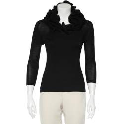 Pre Owned Celine Black Wool Knit Ruffled Structured Neck Detail Top S