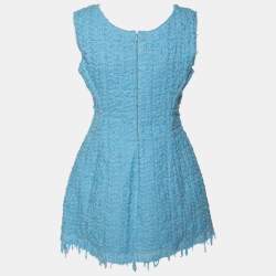 Pre Owned Celine Blue Tweed Fringed Hem Sleeveless Mini Dress M