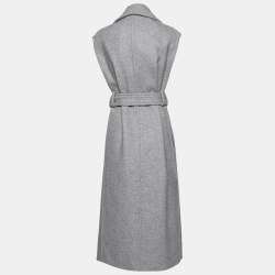 Pre Owned Celine Grey Wool and Leather Side Slit Detailed Belted Coat M