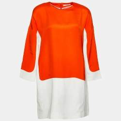 Pre Owned Celine Orange & White Paneled Crepe Dress L