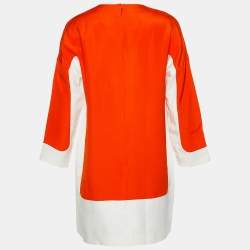 Pre Owned Celine Orange & White Paneled Crepe Dress L