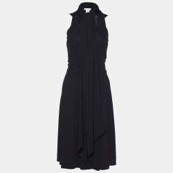Celine Black Stretch Crepe Neck Tie Detail Sleeveless Dress L
