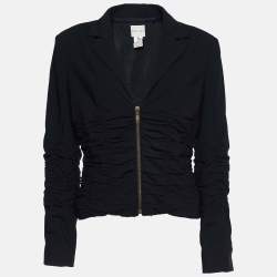 Celine Black Crepe Wool Ruched Zip Front Jacket L