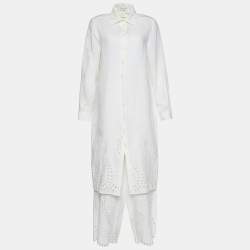 Celine Off White Linen Eyelet Patterned Button Front Tunic & Pant Set L 