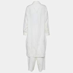 Celine Off White Linen Eyelet Patterned Button Front Tunic & Pant Set L 