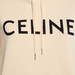 Pre Owned Celine Cream Cotton Logo Printed Long Sleeve Hoodie L