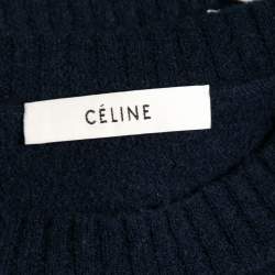 Pre Owned Celine Navy Blue Wool Embroidered Inset Detailed Long Sleeve Jumper S