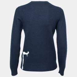 Pre Owned Celine Navy Blue Wool Embroidered Inset Detailed Long Sleeve Jumper S