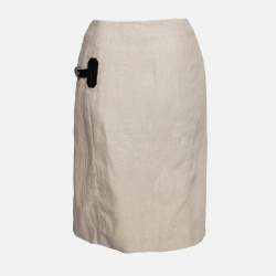 Pre Owned Celine Beige Linen & Leather Paneled Wrap Skirt M