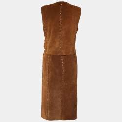 Pre Owned Celine Brown Suede Studded Waist Coat & Skirt Set M